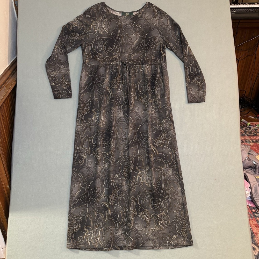 VTG Orvis Dress‎ Cotton Blend Paisley Gray Green Long Pleated Skirt Drawstring